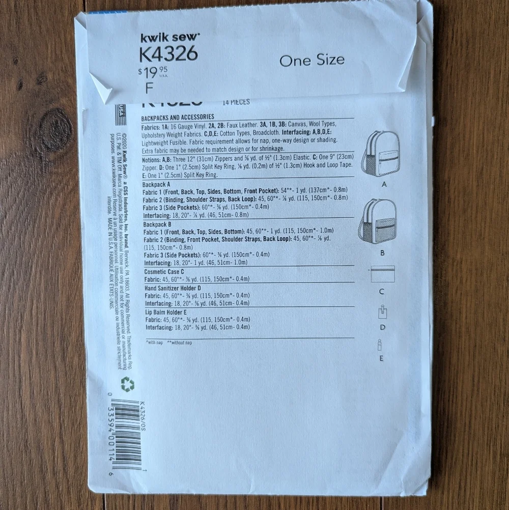 Kwik Sew K4326 Uncut New Pattern Backpack And Accessory BOGO DEAL